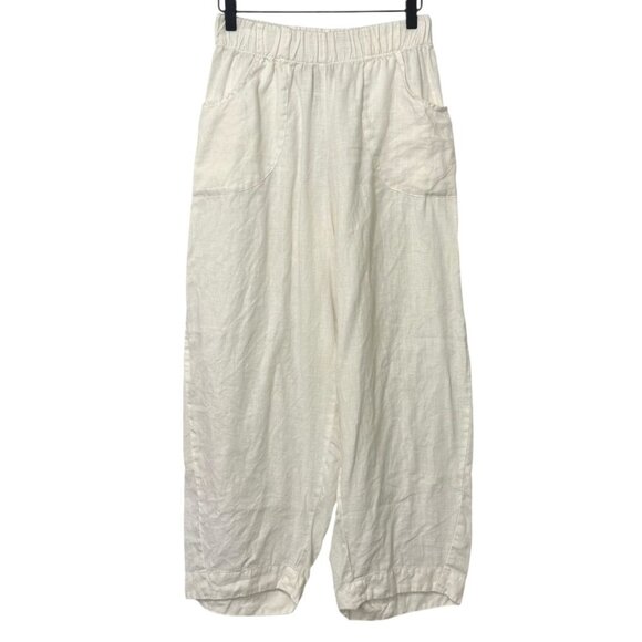 FLAX White Linen Pants Elastic Waist Wide Leg Flowy Lagenlook Pockets Size P - Picture 9 of 9